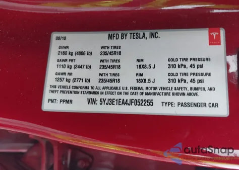 2018 Tesla Model 3 Long Range/Mid Range из США, поврежденный, VIN 5YJ3E1EA4JF052255